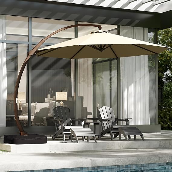 GREENVINES 11-FT-Patio-Offset-Cantilever-Umbrella | Outdoor Large Umbrellas with Base | Aluminum Ribs | Heavy Duty | Curvy | 360Rotation | for Pool Garden Backyard Deck Lawn | Tan