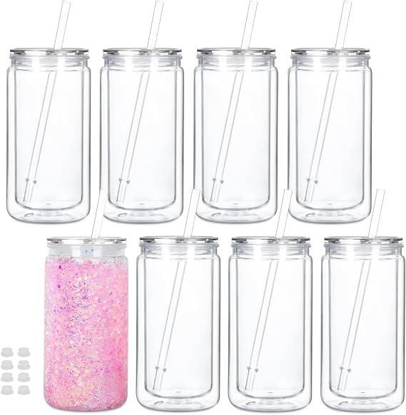 Cosictic 8 Pack Reusable Plastic Snow Globe Tumbler with Pre-drilled Hole. 16 Oz Double Wall Plastic Tumbler, with Clear Lid and Straw.