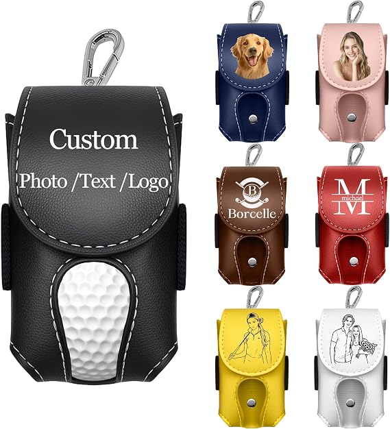 Personalised Leather Golf Ball & Tee Holder with Belt Clip – Custom Golf Ball Pouch for 2 Balls – Premium Golf Accessories Gift for Golfers