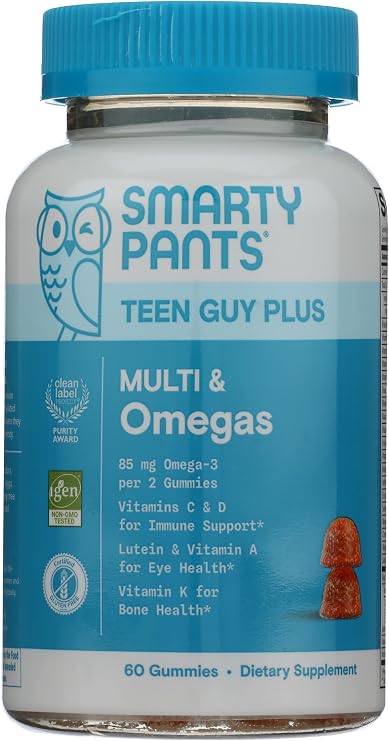 SmartyPants Teen Guy Plus Multi & Omegas Multivitamin Gummies with Omega 3 DHA/EPA, Vitamins D3, C, B12, B6, A, K, Zinc, Folate, Gluten Free, Clean Label, Pineapple Orange, 60 Gummies (30 Day Supply)