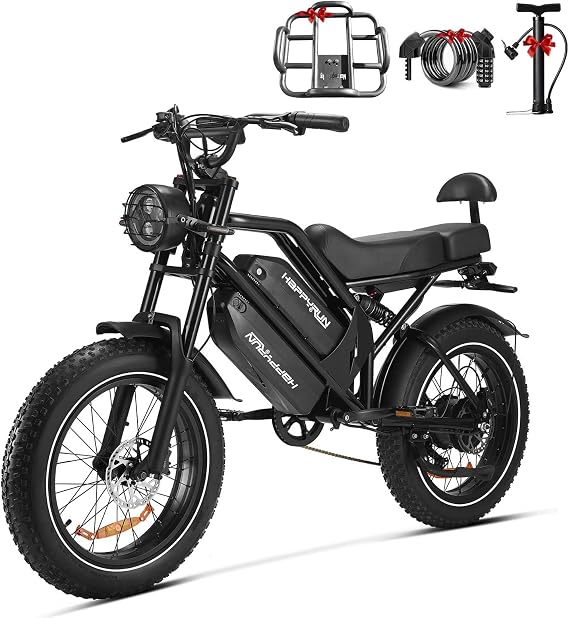 HAPPYRUN Electric Bike for Adults,750W 48V 26Ah Detachable Dual Battery Ebike for Adults 85+ Mile 20MPH Top Speed E Bike All Terrain 20" Fat Tire Electric Dirt Bike G70
