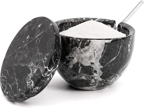 MARBLOUS KRAFTS Black Zebra Marble 3 inch Salt Cellar Set with Lid Spoon