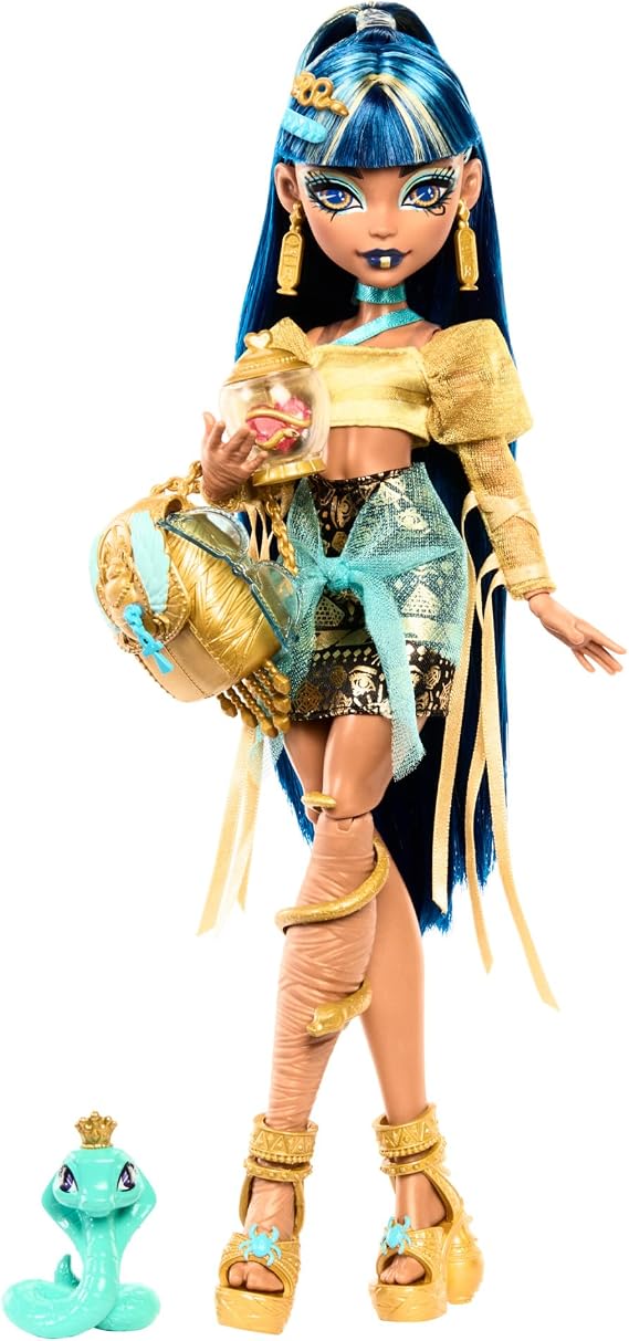 Monster High Cleo De Nile Doll in Golden Blouse and Layered Skirt, Includes Pet Cobra Hissette and Accessories Like a Backpack, Snack and Scroll