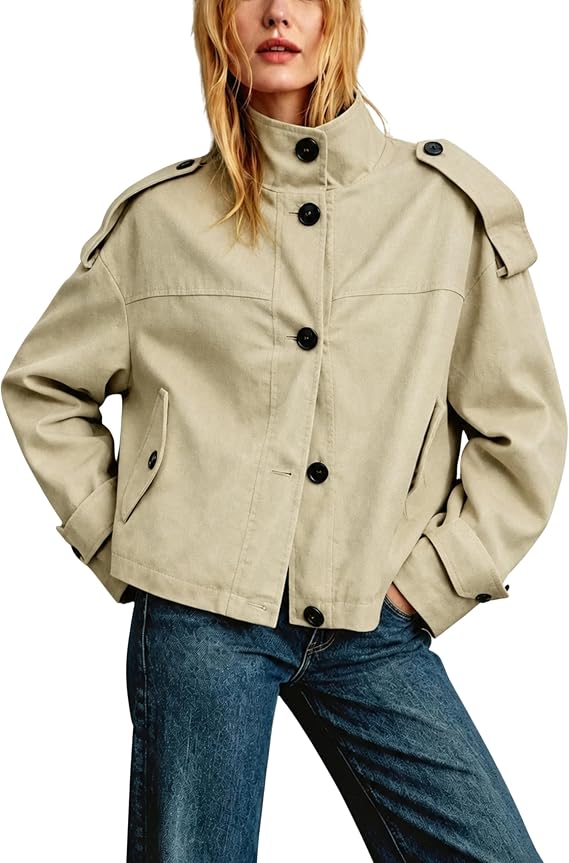 PUWEI Women's Cropped Trench Coat Casual Oversized Button Down Jacket
