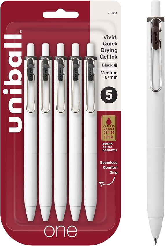 uniballTM one Retractable Gel Pens, Medium Point (0.7mm), Black Ink, 5 Pack