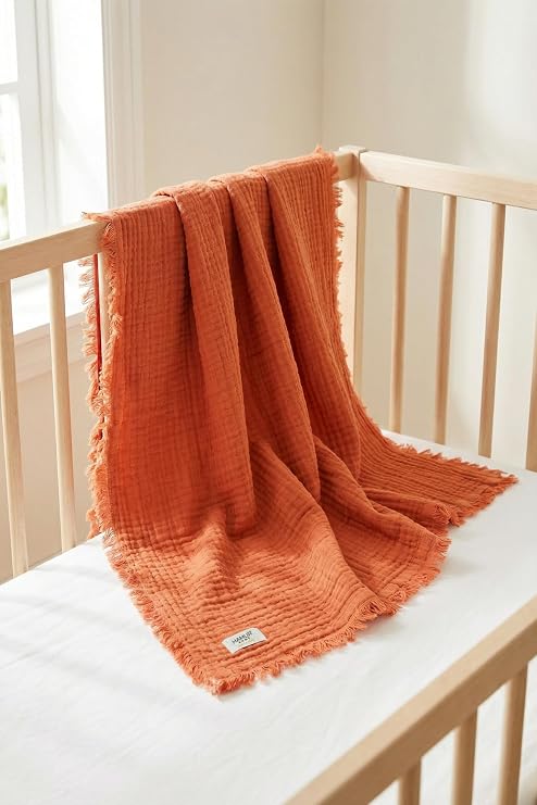 HAMUR 4 Katlı Müslin Bebek Pikesi%100 Pamuk 85x100 cm Yenidoğan Bebek Arabası Puset Örtüsü Battaniye Kiremit