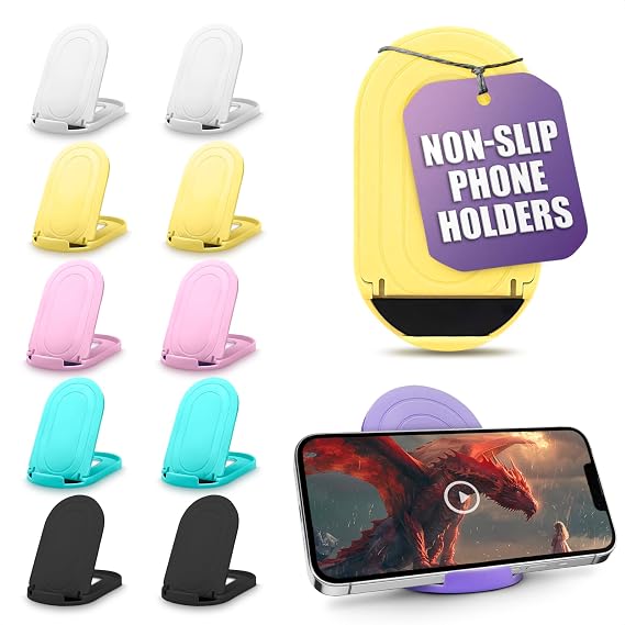 LIBERHAUS 12 Pcs Foldable Cell Phone Stand for Desk with Silicone Pads | Adjustable Cell Phone Holder Bulk Pack, ABS, Anti-Slip Base; Fits 4-7.9" Devices; Cellphone Stand for Office, Counter & Dorm