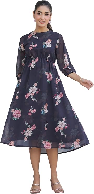 Janasya Women's Georgette Black Comfort Midi Summer Dress for Women