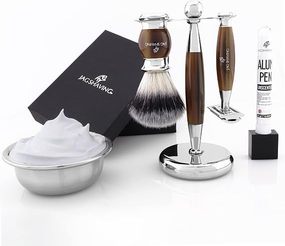 Jag Shaving, 4Pcs Wet Shaving Kit | Brown Horn Handle Double Edge Razor Kit Including Synthetic Silvertip Badger Shaving Brush, Shaving Bowl, Shaving Tools Stand | Luxury Grooming Kit for Men