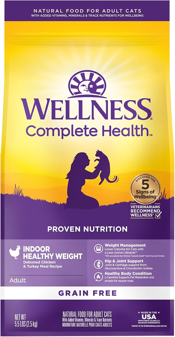 Wellness Complete Health Healthy Weight Adult Dry Cat Food for Indoor Cats, Natural, Grain Free Kibble, Chicken & Turkey Recipe, 5.5 lb Bag