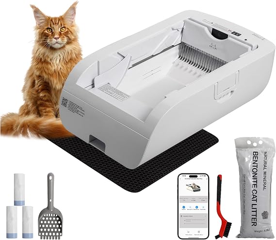 Smart Self-Cleaning Litter Box, Upgraded Automatic Cat Litter Box, Robot Open Top Litter Boxs with App Control,Anti-Pinch, Odor Free Waste Disposal, Spacious for Multiple Cats (Cream White)
