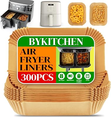 BYKITCHEN 300PCS Air Fryer Liners for Ninja Dual Airfryer, Rectangle Disposable Air Fryer Parchment Paper Compatible with Ninja DZ201 DZ401 DZ550, Bella Slim Airfryer &More, Air Fryer Accessories