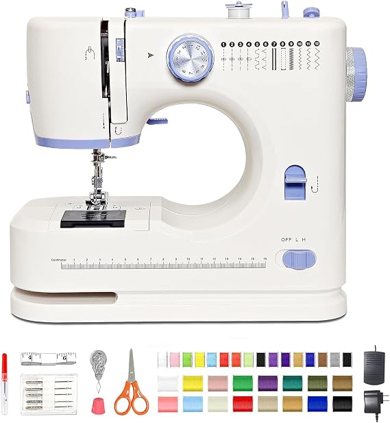 Sewing Machine for Beginners with 42 Pcs Sewing Threads Kit,Portable Sewing Machine with 12 Built-in Stitches,2 Speed(High-Low Speeds) Sewing machine for adults, White Blue