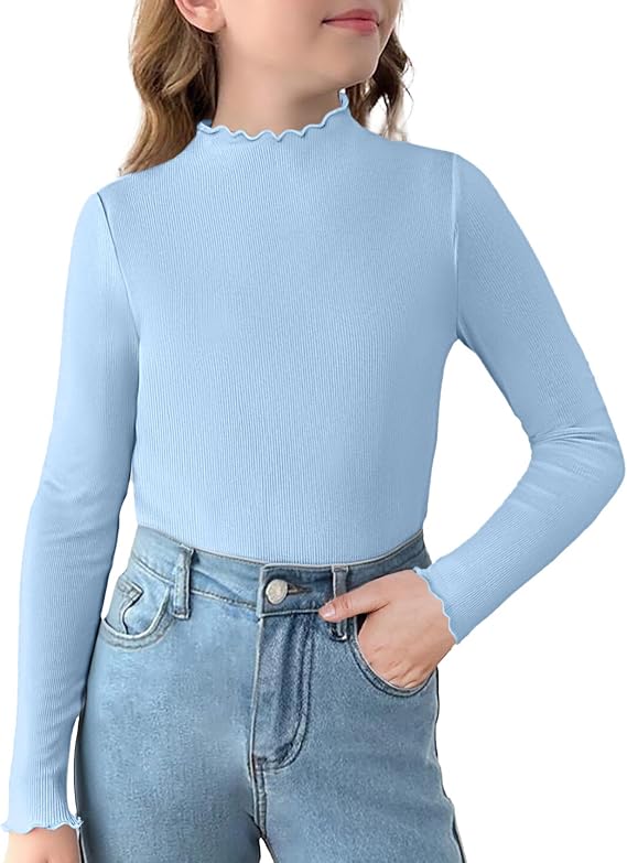 Arshiner Girls Lettuce Trim Mock Neck Long Sleeve Shirts Ribbed Layer Tops
