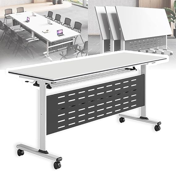 Folding Conference Table, Foldable Conference Table Flip Top Mobile Training Table with Wheels, Metal Legs, Rectangular Modular Conference Room Table for Office Meeting Conference Room