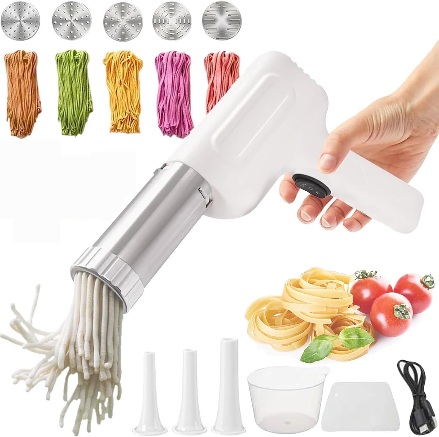 Idiyappam Maker Electric, 2025 New Electric Idiyappam Maker, Stainless Steel Handheld Pasta Maker Machine With 5 Molds, All-in-One Homemade Pasta Machine for Kitchen White