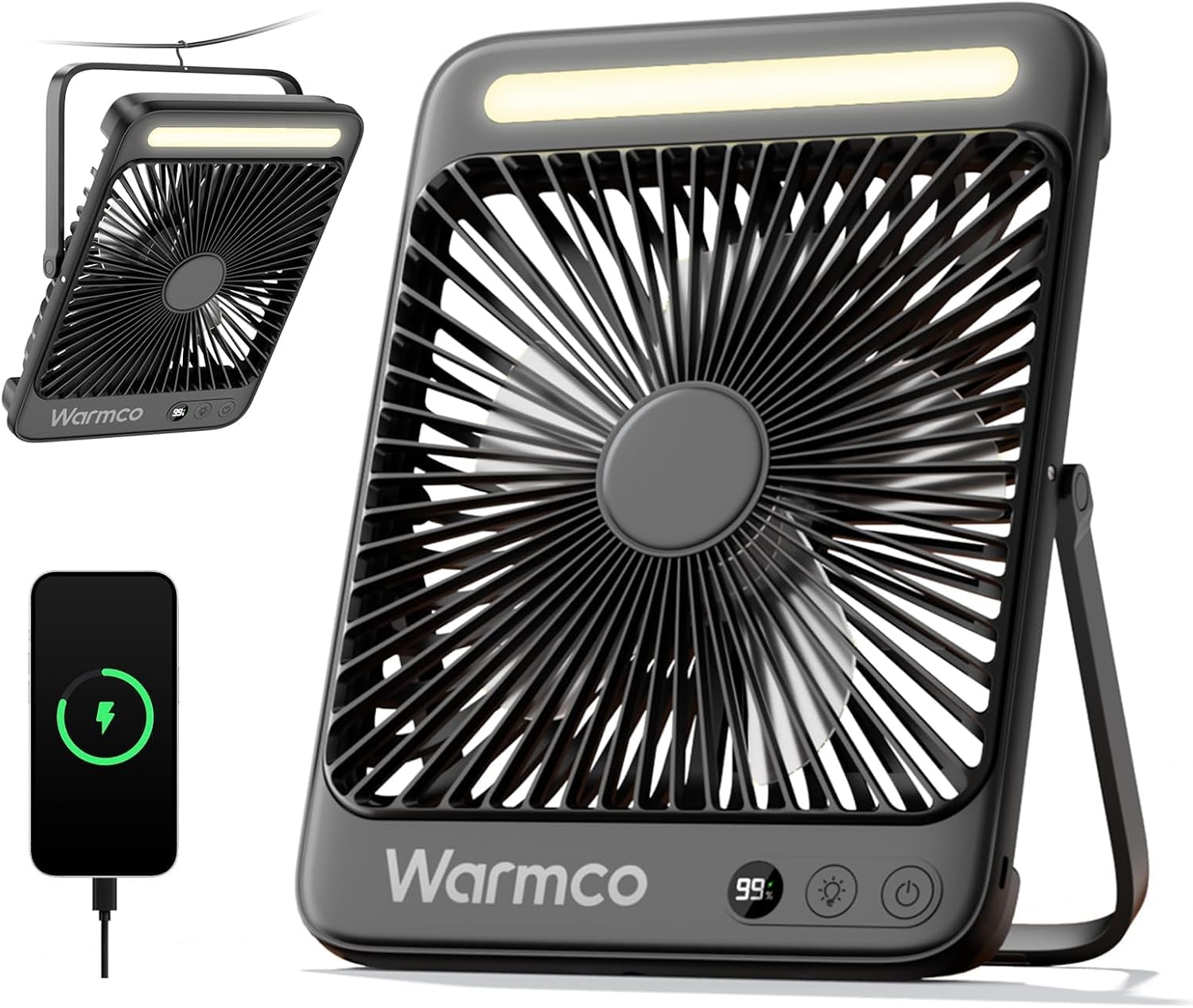 Warmco 20000mAh 8 inç Taşınabilir Kamp Fanı, 48 Saat Maksimum Çalışma Süresi, LED Işık, Sessiz İnce Pille Çalışan Kişisel Masa Fanı Ofis, Seyahat, Yatak Odası, Dış Mekan için Dijital Ekranlı