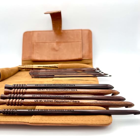 Revolution Fibers Artisan Rosewood Crochet Hooks Set with Leather Carrying Case - incl. 13 Crochet Hooks Size US E - P | Premium Set, Portable, Perfect for Crocheting Yarn at Home or on The Go