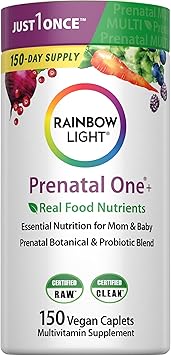 Rainbow Light Prenatal Multivitamin One + for Women with Probiotics | 150 Caplets | Essential Nutrition for Mom & Baby | with Vitamins C & D, Folate, Choline, Iron and More