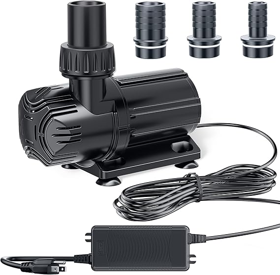 POPOSOAP 1200 GPH DC Pond Pump, Safe 24V Low Voltage Quiet Water Pump with AC/DC Converter, 4 Hose Adapters for Garden Ponds, Waterfall,Aquariums, Fountains, Water Features-P04000