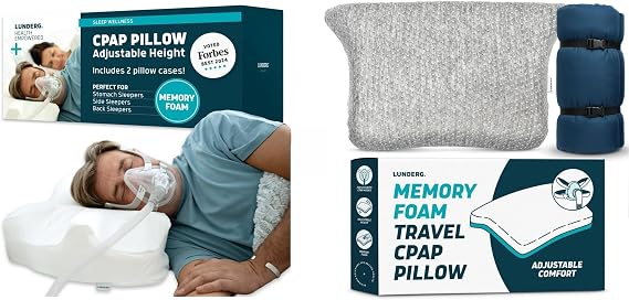 Lunderg CPAP Pillow + Travel-Size CPAP Pillow for Side & Back Sleepers - Memory Foam with Adjustable Height - Reduce Air Leaks & Mask Pressure for Better Sleep - Works with All Masks