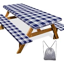 Picnic Table Cover with Bench Covers Camping Essentials Waterproof Windproof Camping Tablecloth with Drawstring Bag, Fitted Rectangle Tables and Seats, 72in, Blue Checkered