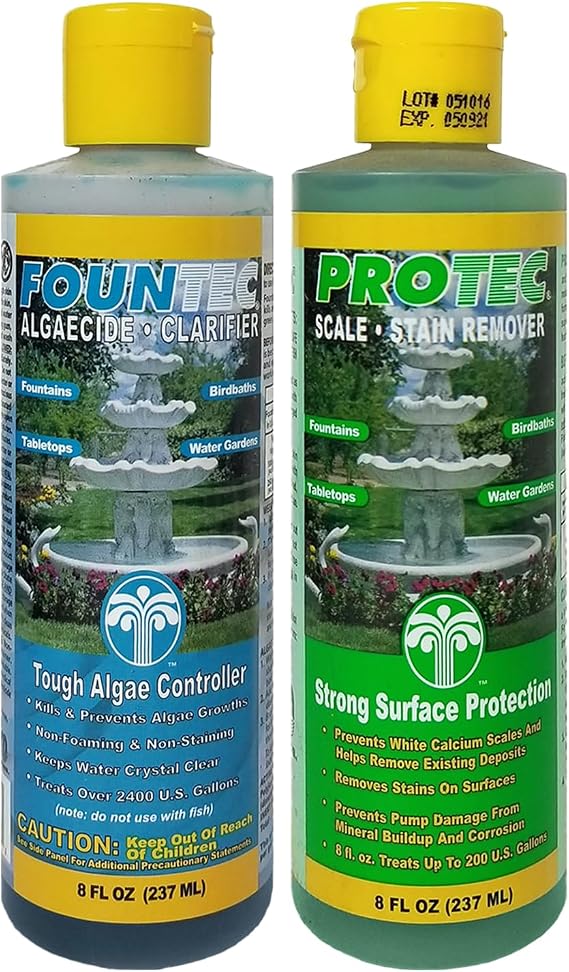 EASYCARE Fountec Algaecide & Clarifier and Protec Scale-Stain Inhibitor & Remover Combo, Complete Fountain & Water Feature Care Kit, 16 Fl. Oz