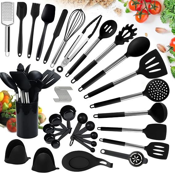 Kitchen Utensil Set 49-Piece Silicone Cookware Set Silicone Cooking Utensils Cooking Cutlery Set Heat-resistant Cookware with Utensil Holder Cooking Accessories Household Aid Set Black