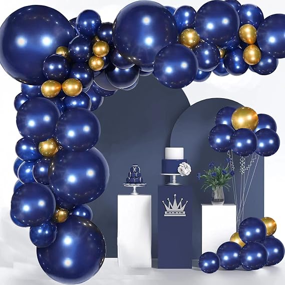 Navy Blue Balloons Garland Kit, 124pcs Matte Navy Blue Gold Balloon Dark Blue Balloons with Different Size 18 Inch 12 Inch 10 Inch 5 Inch for Graduation Birthday Baby Shower, Wedding, Bridal Shower