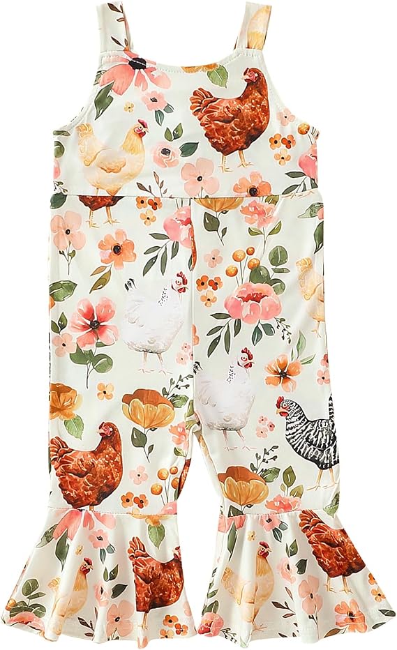 Chloefairy Toddler Baby Girl Farm Outfit Floral Chickens Jumpsuit Bell Bottoms Romper Flare Pants Overalls Summer Clothes (White, 12-18 Months)