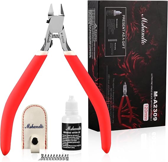 Model Nippers 4.8" Ultra Thin Single Blade Gundam Nippers, Sprue Cutter Hobby Nippers, Model Kit Nippers for Plastic Gunpla Model Building Professional Nipper Case & Mineral White Oil