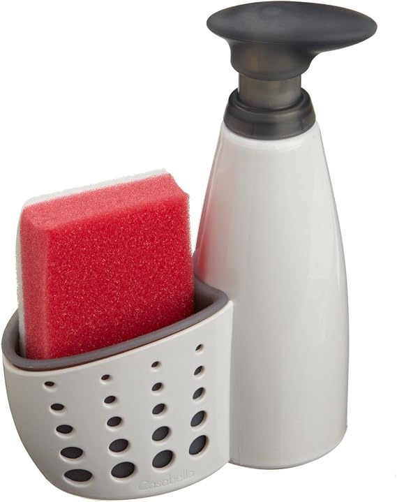 Casabella Sink Sider Kitchen Soap Pump and Sponge Caddy, White/Gray