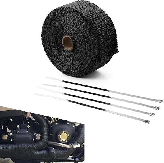 Exhaust Heat Wrap, 16FT Motorcycle Exhaust Heat Wrap Roll, Car Heat Insulation Muffler Tape with Stainless Ties, Universal Cuttable Protective Modification (Black)