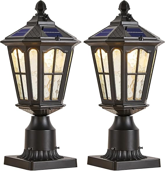 2 Pack Outdoor Solar Lamp Post Light with Pier Mount Base, Dusk to Dawn Aluminium Classic Exterior Pole Lamps with Water Ripple Glass, Solar Pillar Lights for Fence, Gate, Driveway, Black