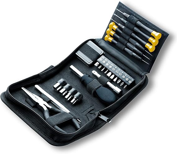 Mini Tool Set, 25 pc Tool Kit, Precision Screwdriver Set, Long Reach Tweezers, Needle Nose Pliers, Sockets with Driver Handle and Interchangeable Bits