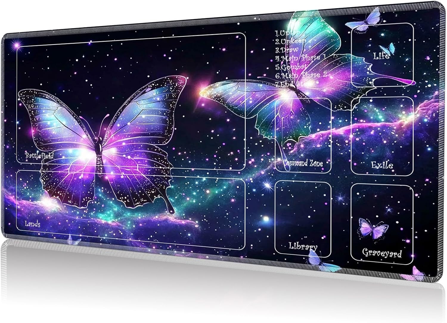Playmat for MTG, Game Play Mat for MTG TCG 24 x 14 inches Trading Card Game Playmats with Zones Non-Slip Rubber Base and Stitched Mousepad Desk Mats, Galaxy Purple Butterfly