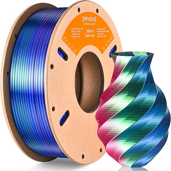 ERYONE PLA Silk Shiny 3D Printer Filament 1.75mm, Triple Silk PLA Filament, Coextrusion Silk PLA Filament, Multicolor PLA, +/- 0.03mm, 250g(0.55lbs)/Spool, Red Blue Green
