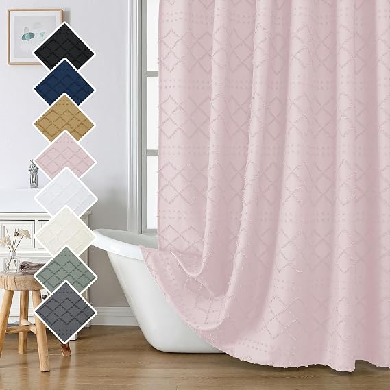 Blush Pink Boho Shower Curtain 72x84 Inches, Modern Plaid Stripes Cloth Shower Curtain for Bathroom, Chic Tufted Textured Jacquard Farmhouse Fabric Shower Curtain