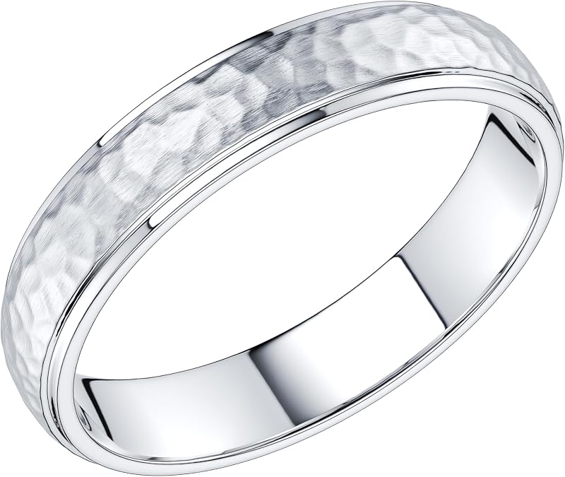 THELANDA Hammered Solid 14K / 10K White/Yellow Gold Unisex 4mm Wide Wedding Band Ring Raised Center Polished Sides