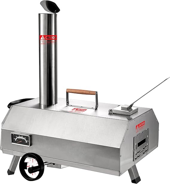 12" Portable Wood Fired Pizza Oven for Outdoor Cooking - Manual Rotating Turntable, Built-in Thermometer, Double-Layer Insulation - Gas & Wood Fuel Pizza Maker for Backyard, Camping, Patio