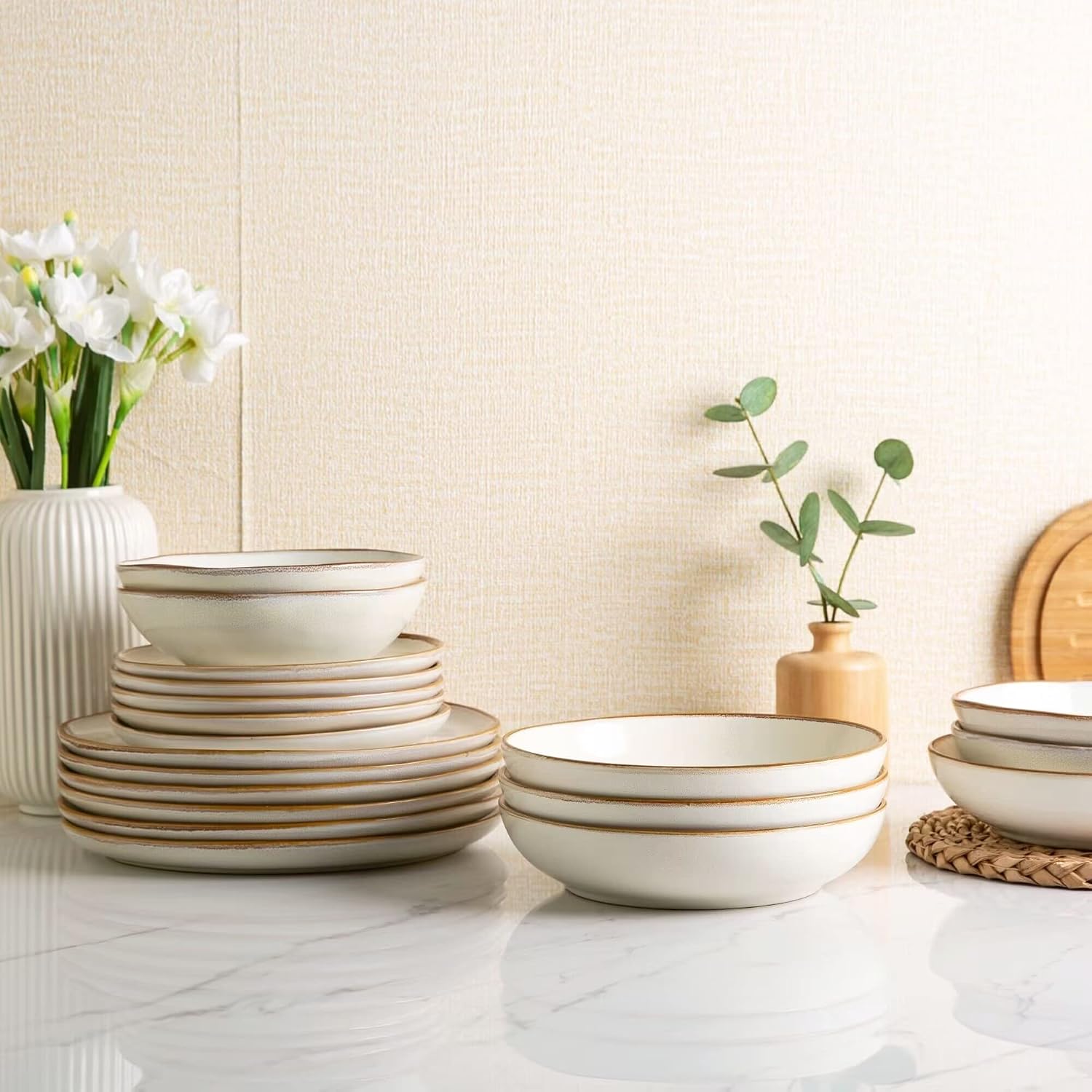 AmorArc Ceramic Dinnerware Sets,Handmade Reactive Glaze Stoneware Plates and Bowls Sets,Highly Chip and Crack Resistant | Dishwasher & Microwave Safe Dishes Set,Service for 6 (18pc)