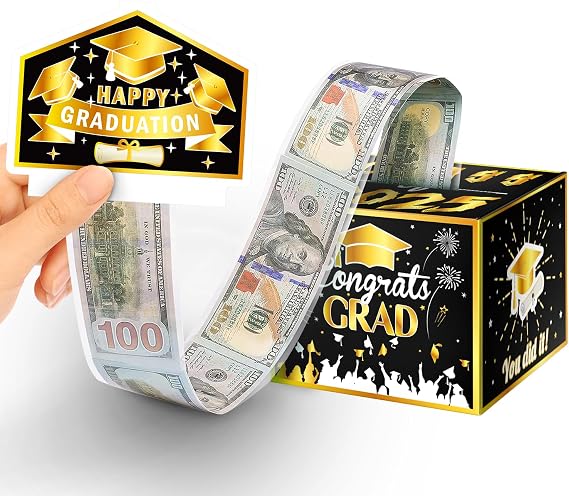 2025 Graduation Money Box for Cash Gift Pull, Surprise Money Holder Cash Gift for High School College Boys Girls, DIY Fun Gifts for Grads with Pull Out Card and 50Pcs Transparent Bags (Black Gold)