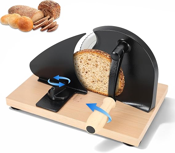 Manual Bread Slicer for Homemade Sourdough Bread, Adjustable Thickness Hand Crank Bread Cutter with Scale Lines, Suction Cup Base, Metal Guide & Sharp Stainless Steel Blade (Black)