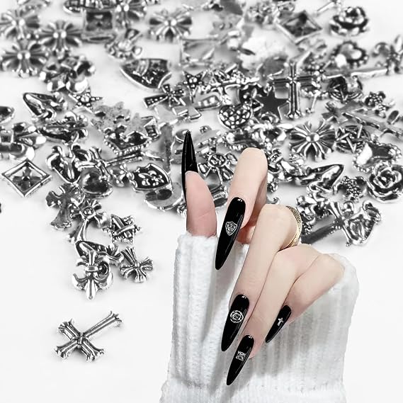 100Pcs Nail Charms Metal Punk Retro Cross Mixed Shape 3D Y2k Art Rivet Accessories Valentine's Day Jewels Decoration for Women Girls Nail Face Decoration Makeup Ornaments DIY Design Gothic Rose