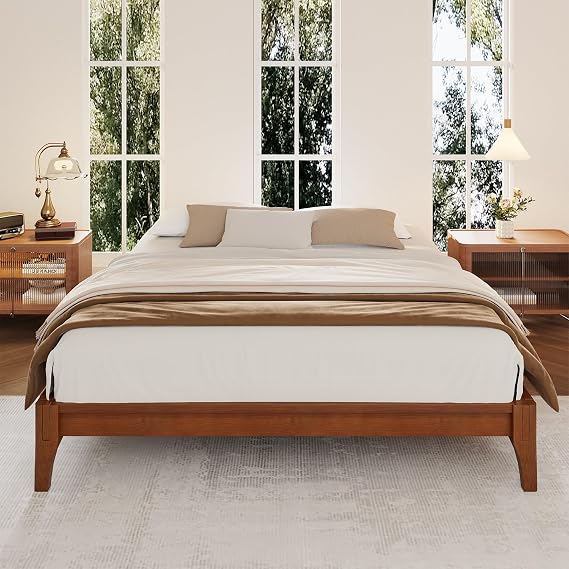 Mid-Century King Size Wooden Bed Frames, Brown Bamboo Japanese Low Platform Bed, Mortise and Tenon Structure Frame, 7 inch Low Under Bed Storage, No Box Springs Required (Brown, King)