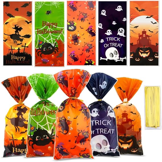Halloween Treat Bags, Halloween Goodie Bags, 50 Pcs Candy Bag Trick or Treat Gift Bag with Ties for Kids Clear Cellophane Goody Favor Gifts for Snacks Cookies Packing Party Favors Decorations Supplies