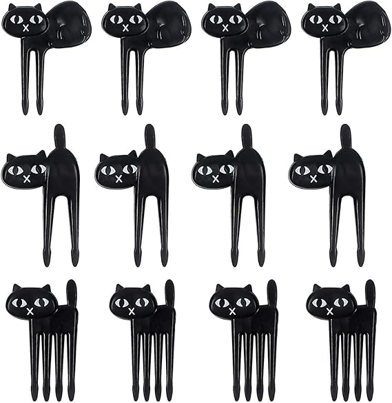 12pc Black Cat Fruit Picks, Cute Reusable Food Picks for Bento Lunch | Reusable Plastic, Black Cat Cocktail Forks, Palillos Decorativos Comida, For Lunch Boxes, Halloween Snacks & Party Food Decor