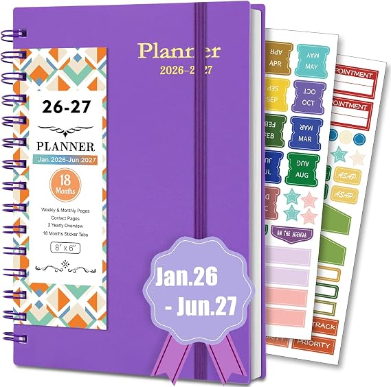 BLESWIN Weekly Planner 2025-2026, 18 Month Monthly Planner from JUL.2025 - DEC.2026, A5 Week to View 2025 Diary with Spiral Bound, Academic Diary with Monthly Tabs, Perfect Organiser Planner Purple