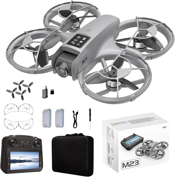 Drone with HD Camera for Adults Beginners, Drone with 4.5inch Screen on Controller, Brushless Motor Gesture Control, Headless Mode One-Key Takeoff/Landing, Optical Flow Positioning, Under 250g Lightweight Mini RC Quadcopter Hobby Drones Gifts for Teens, M23 Drones with 2 Batteries for Indoor Outdoor Aerial Photography