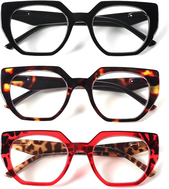 3 Pack Trendy Square Ladies Reading Glasses, Fashion Blue Light Blocking Stylish Computer Readers for Women